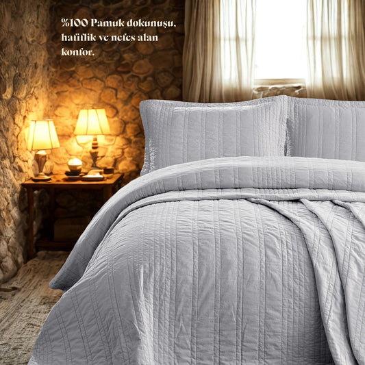 Sante %100 Pamuk Naturel Parça Boyama Çift Kişilik Yatak Örtüsü Takımı Gri